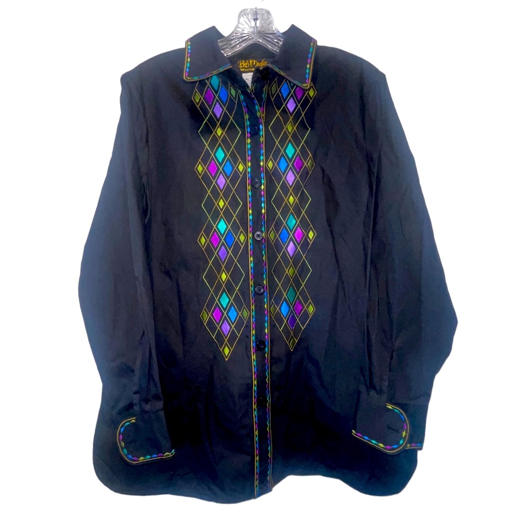 Women’s Bob Mackie Wearable Art NWT Black Stain Glass Pattern Blouse Size Small